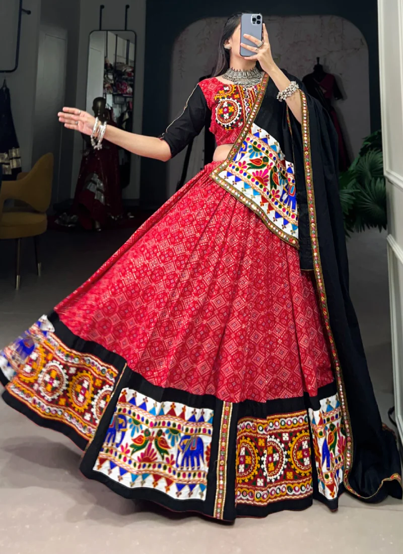 Patola Printed Gamthi Work Navratri Special Cotton Red Ghagra Choli - Image 6
