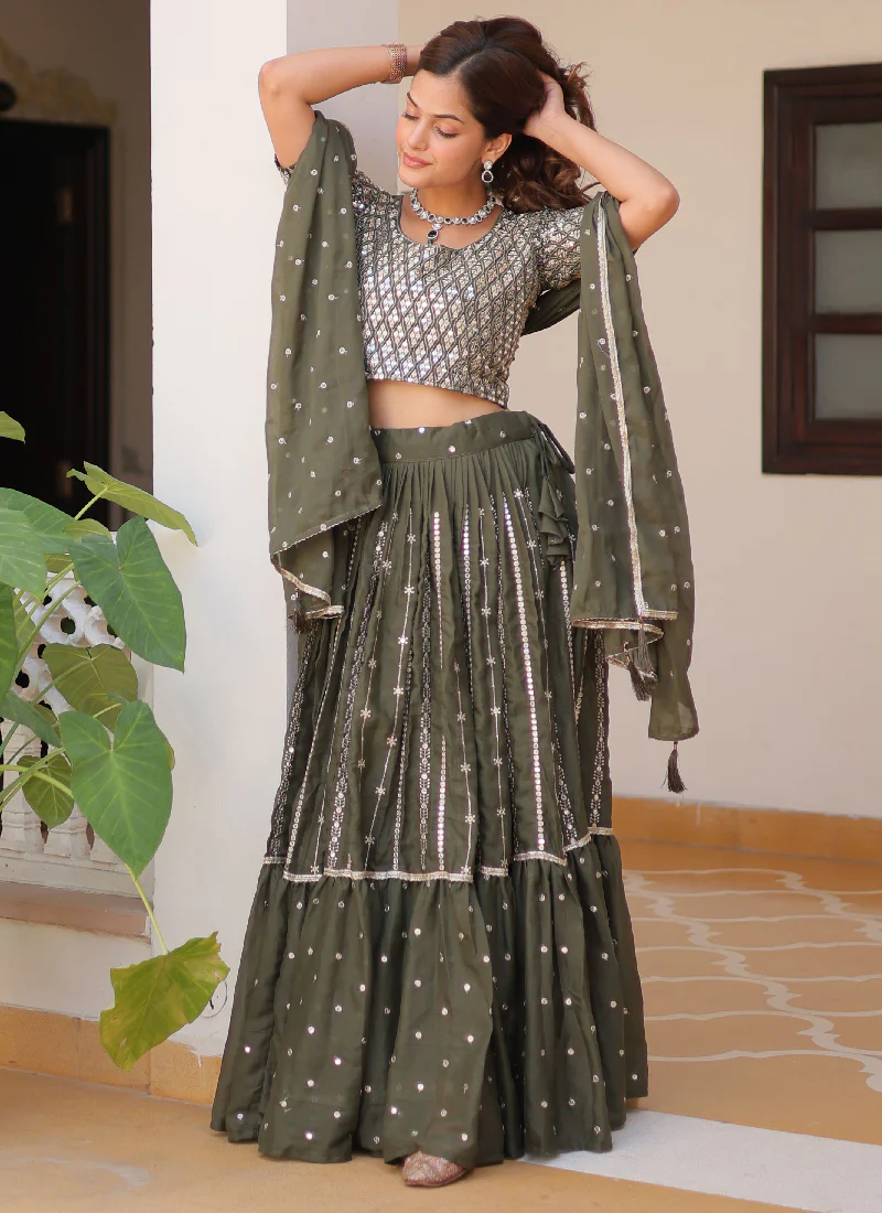 Perfect Mehendi Green Georgette Sequence Embroidered Lehenga Choli - Image 9