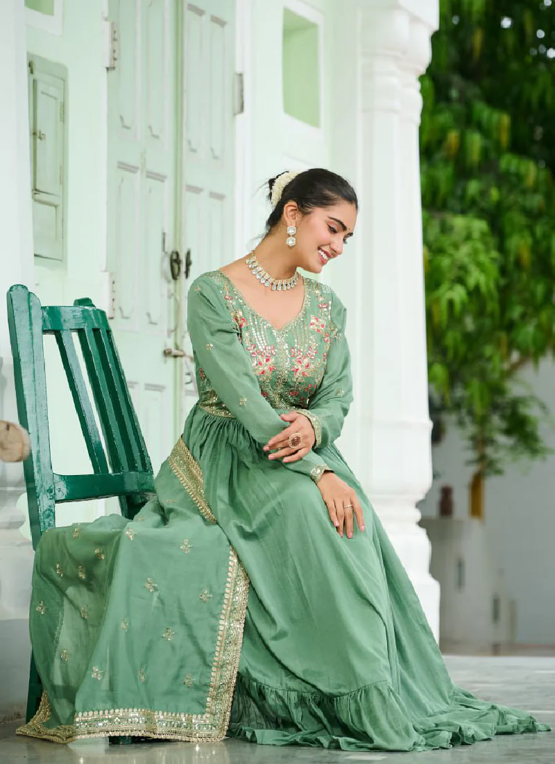 Pista Green Vichitra Silk Zari Embroidered Work Long Anarkali Gown - Image 5