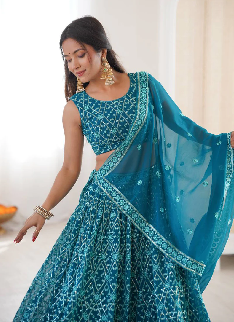 Premium Faux Georgette Blue Thread Embroidered Lucknowi Lehenga Choli - Image 3