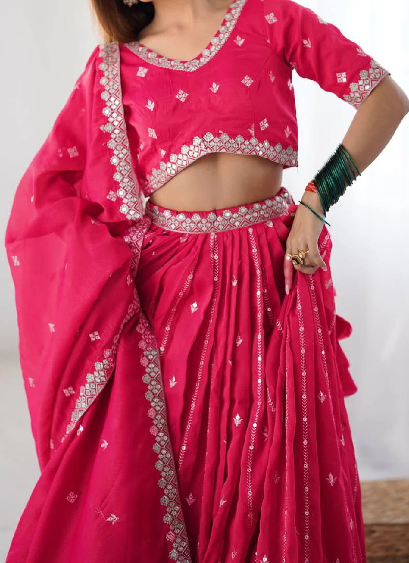 Prettiest Silk Zari Embroidery Work Pink Festival Wear Lehenga Choli - Image 2