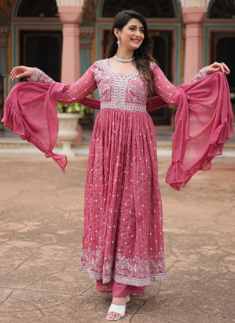 Prettiest Thread Embroidered Georgette Pink Plazzo Suit With Dupatta - Image 7
