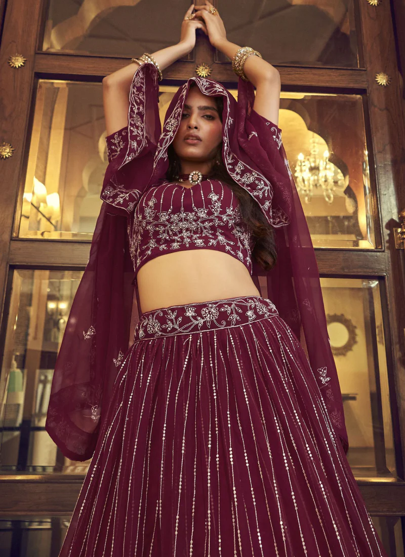 Prettiest Wine Faux Georgette Viscose Thread Work Lehenga - Image 3