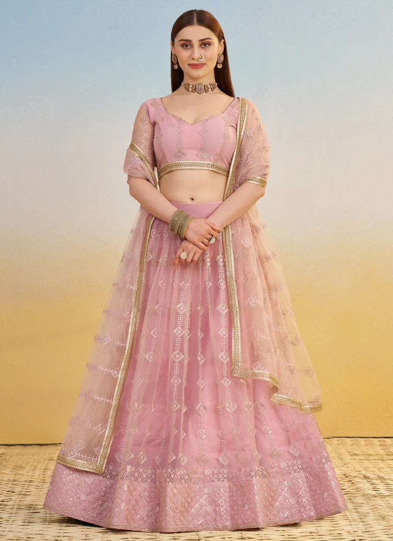 Prominent Thread Embroidery Light Pink Net Lehenga Choli With Dupatta