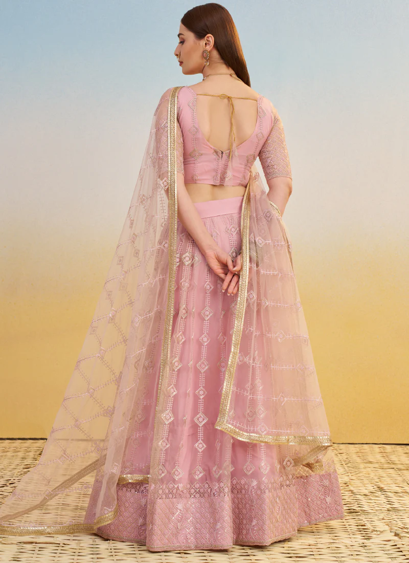 Prominent Thread Embroidery Light Pink Net Lehenga Choli With Dupatta - Image 4