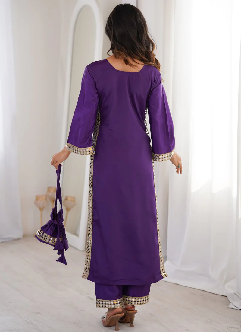 Purple Crepe Silk Real Mirror Lace Border Kurta Pant With Batwa Potli - Image 4