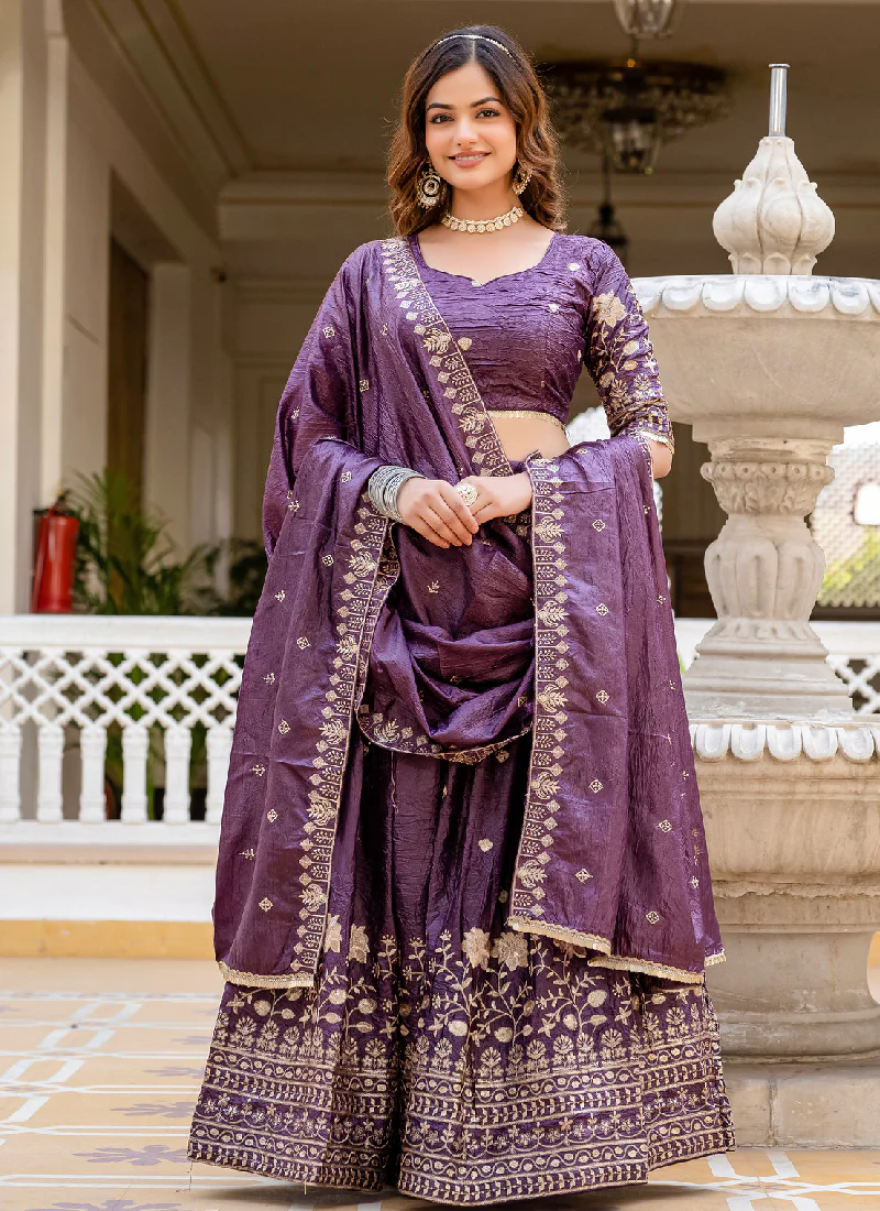 Purple Embroidered Gold Crush Wedding Lehenga Choli With Dupatta
