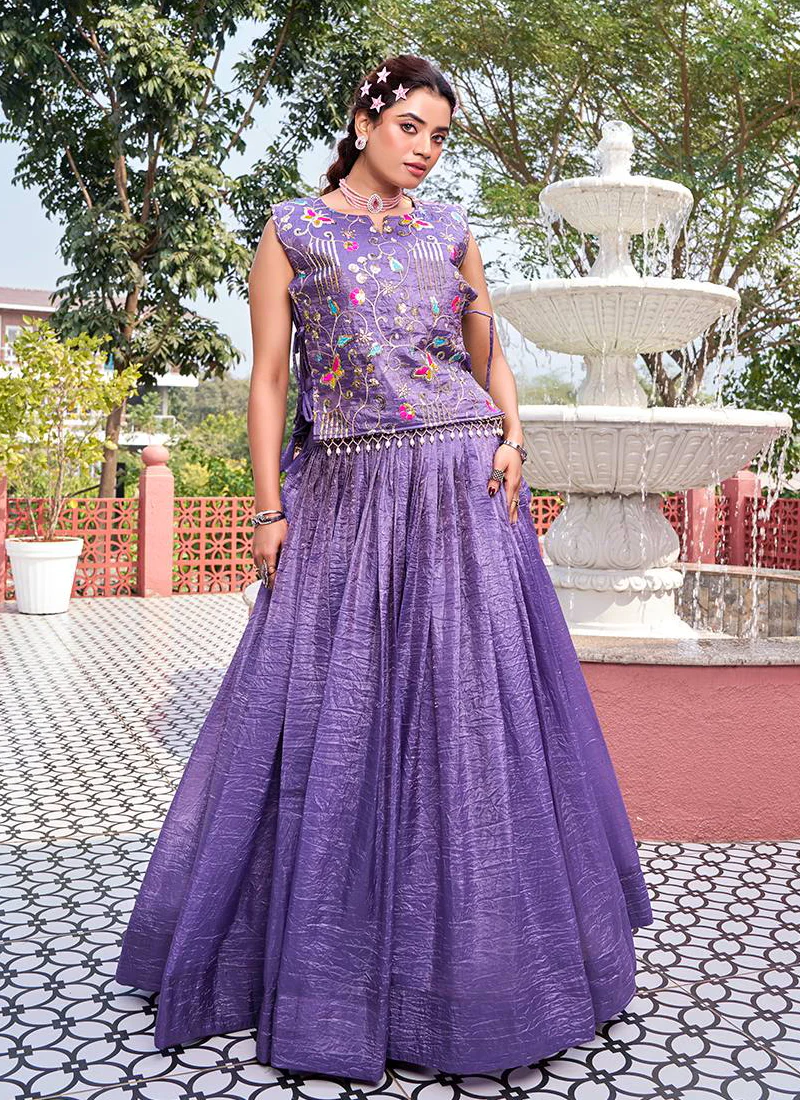 Purple Gold Crush Lehenga With Sequence Embroidered Blouse And Shrug - Image 4