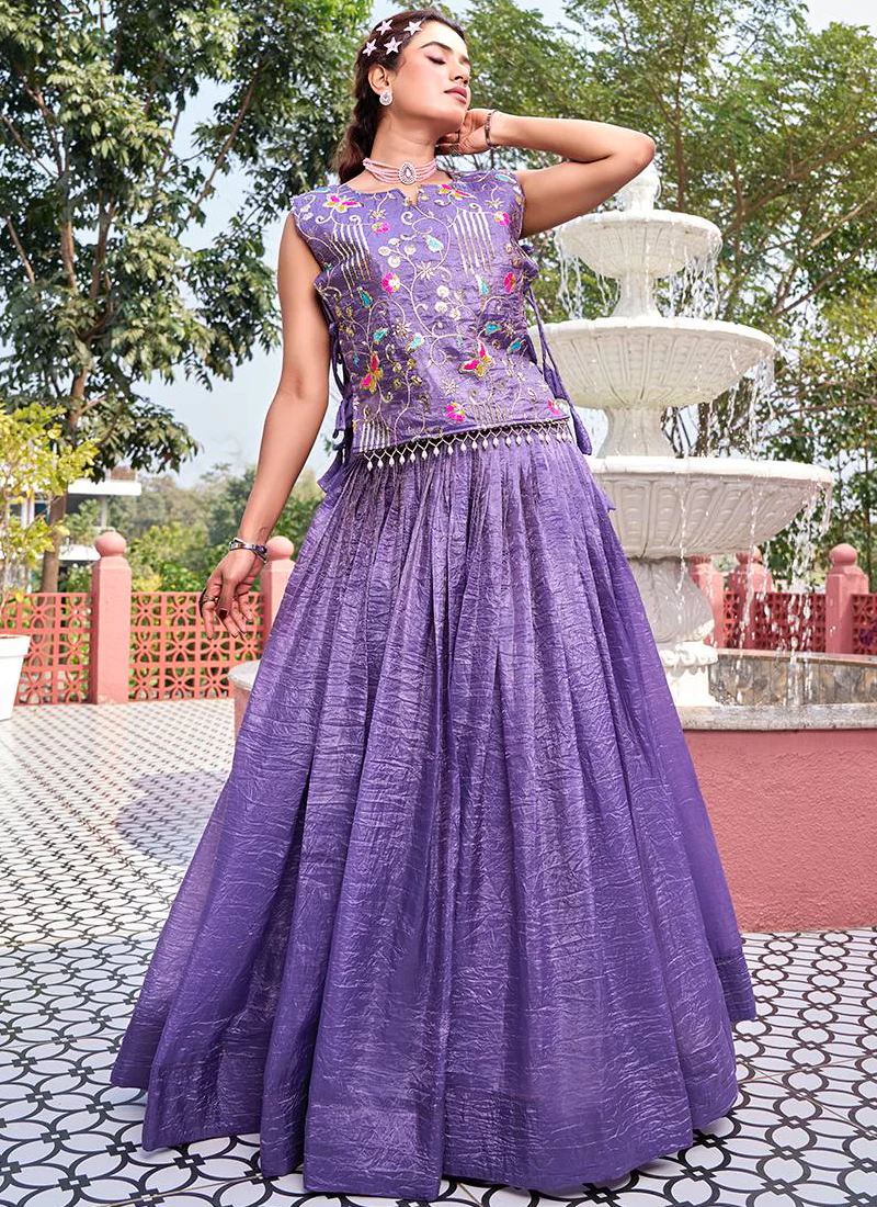 Purple Gold Crush Lehenga With Sequence Embroidered Blouse And Shrug - Image 5