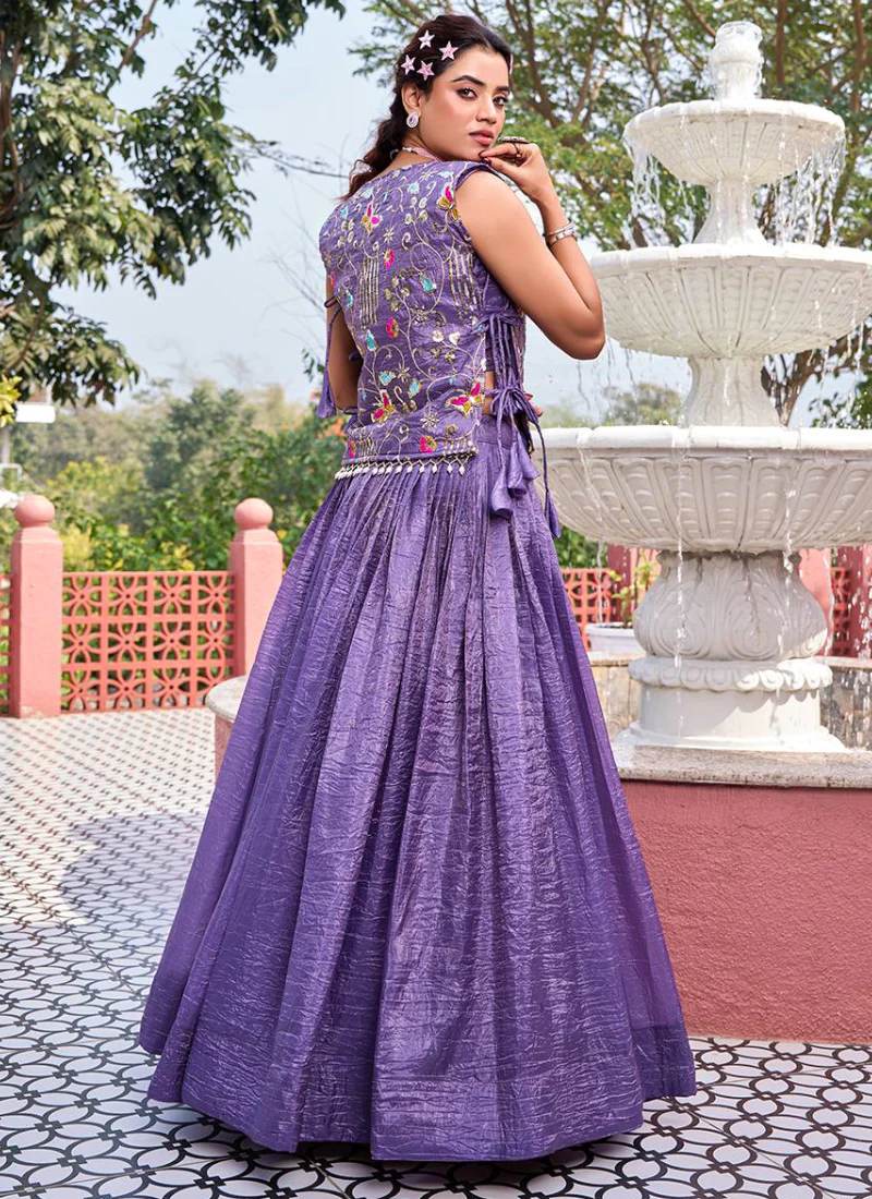 Purple Gold Crush Lehenga With Sequence Embroidered Blouse And Shrug - Image 6