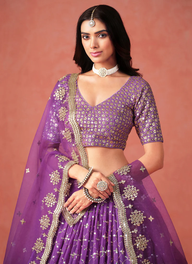 Purple Party Wear Zari Work Georgette Lehenga Choli With Dupatta - Image 2