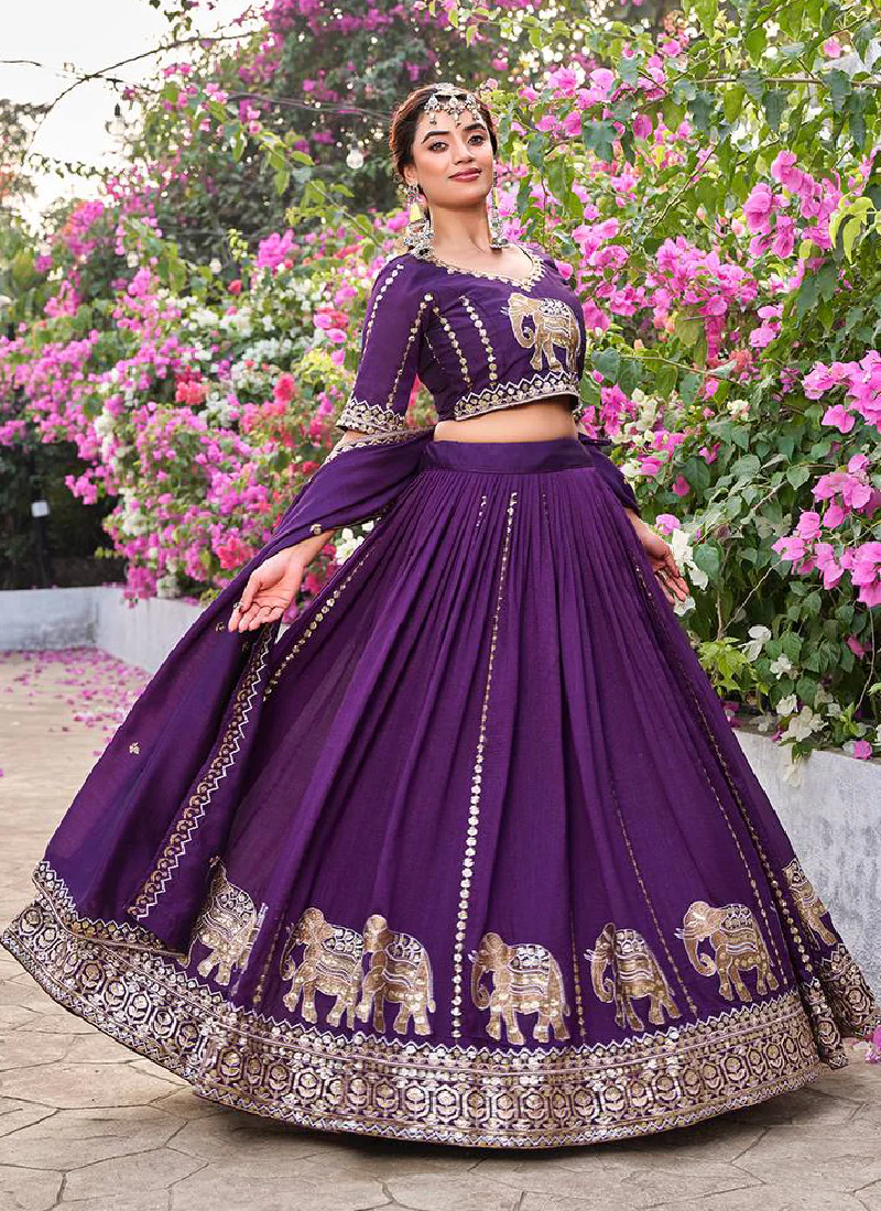 Purple Sequence Embroidered Vichitra Silk Lehenga Choli For Women - Image 5