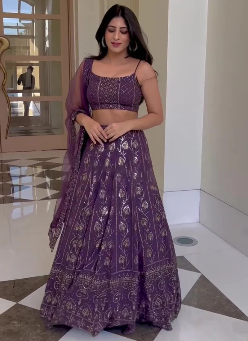 Purple Sequence Embroidered Work Georgette Lehenga Choli - Image 3