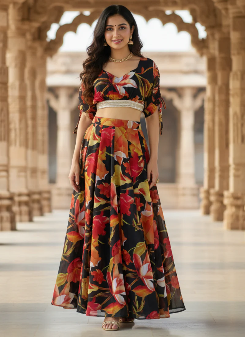 Ready To Wear Floral Digital Printed Black Georgette Lehenga Choli Set - Image 3
