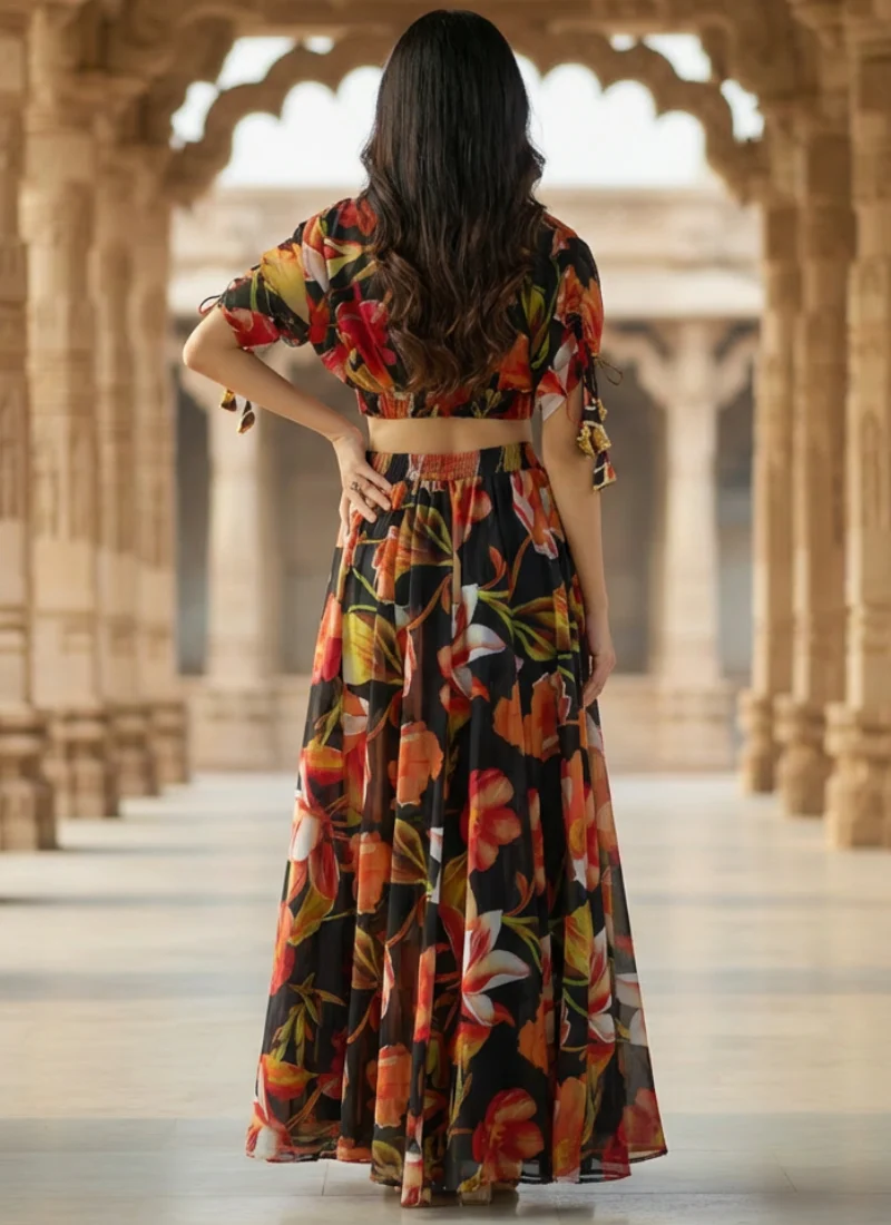Ready To Wear Floral Digital Printed Black Georgette Lehenga Choli Set - Image 5