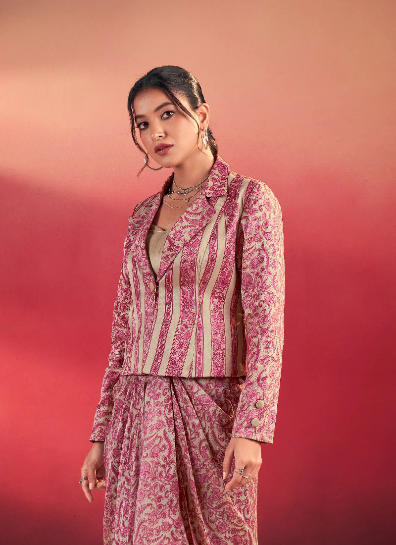 Readymade Printed Silk Pink Drape Skirt With Blouse And Jacket Set - Image 2