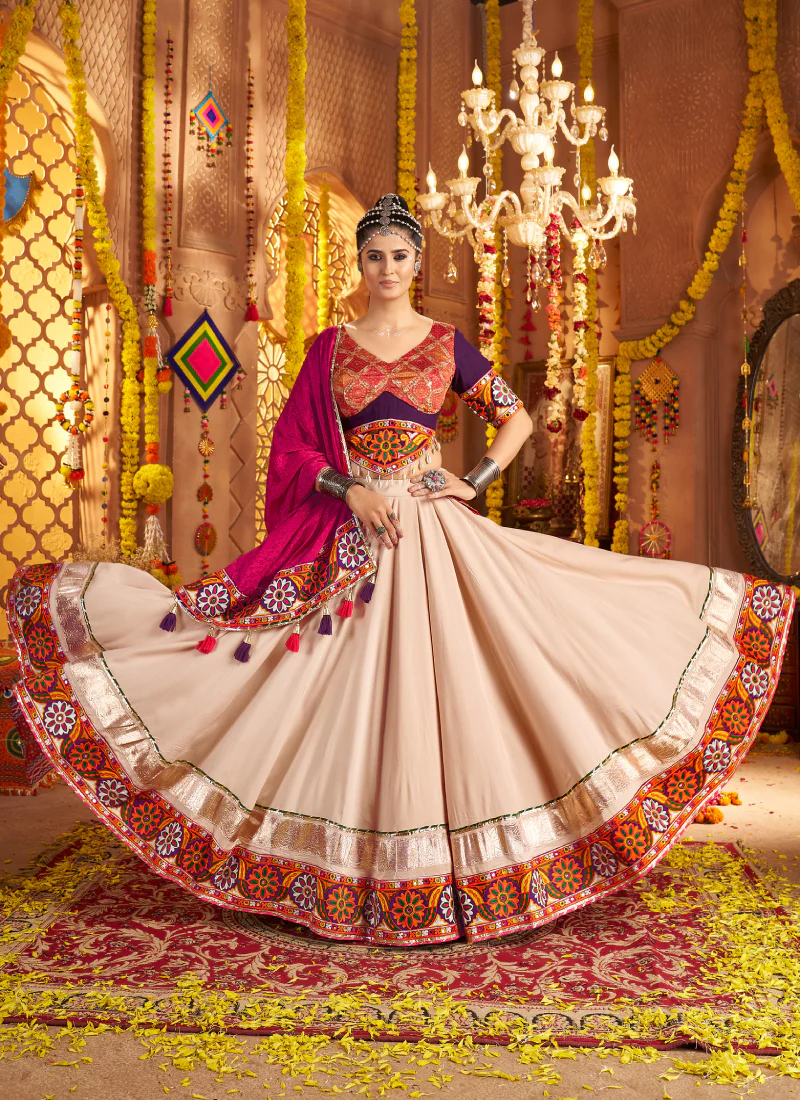Real Mirror Embroidered Viscose Rayon Beige Chaniya Choli For Navratri - Image 5