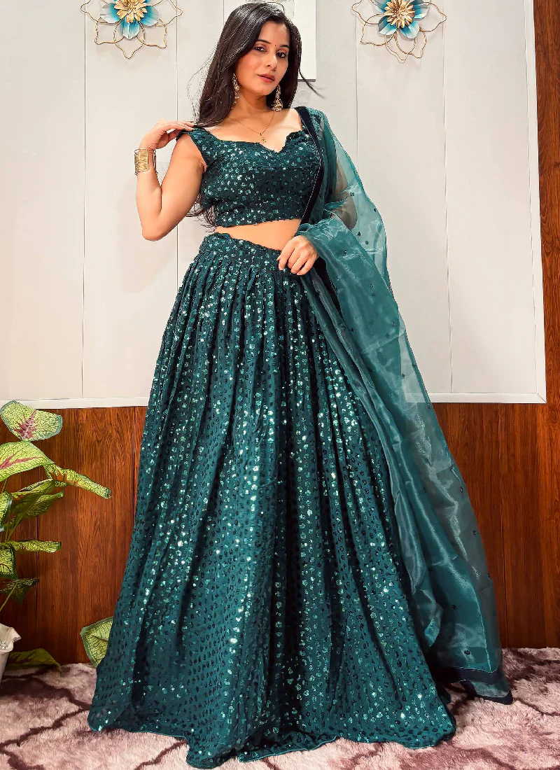 Reception Wear Georgette Heavy Sequins Work Green Lehenga Choli - Image 4