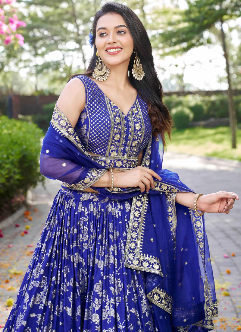 Royal Blue Jacquard Silk Zari Weaving Embroidered Wedding Lehenga - Image 2