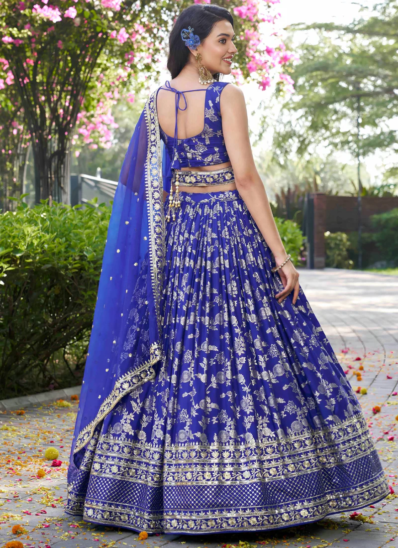 Royal Blue Jacquard Silk Zari Weaving Embroidered Wedding Lehenga - Image 5