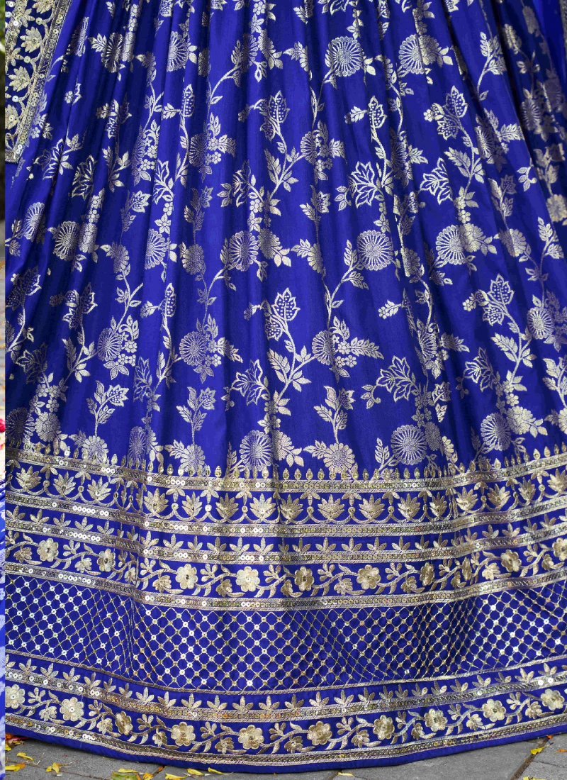 Royal Blue Jacquard Silk Zari Weaving Embroidered Wedding Lehenga - Image 8