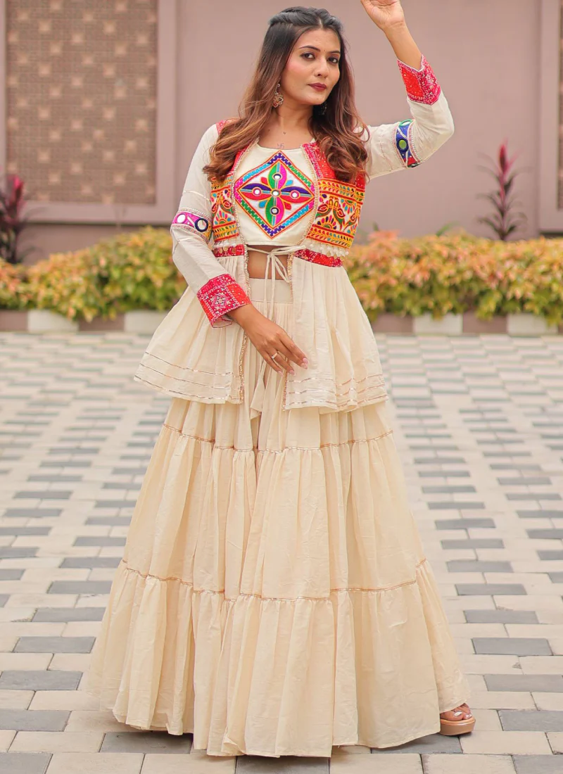 Ruffle Style Cotton Off White Navratri Special Lehenga Choli With Koti - Image 4