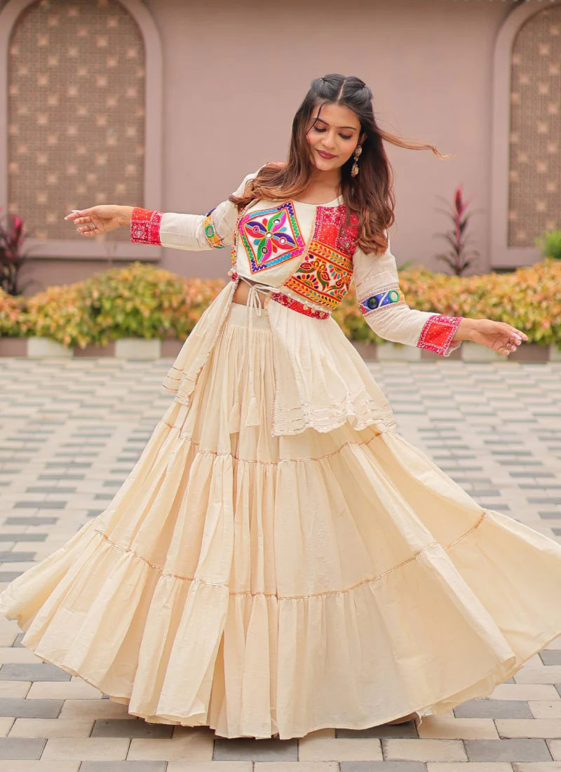 Ruffle Style Cotton Off White Navratri Special Lehenga Choli With Koti - Image 6
