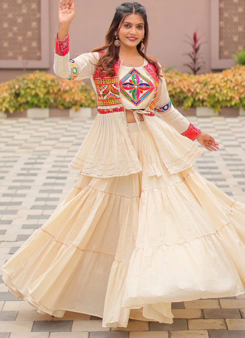 Ruffle Style Cotton Off White Navratri Special Lehenga Choli With Koti - Image 7