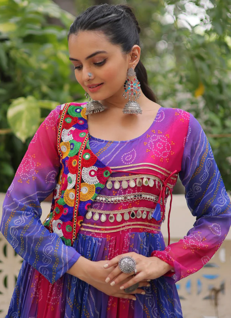 Ruffle Style Flared Blue Georgette Bandhani Printed Navratri Wear Gown - Image 3