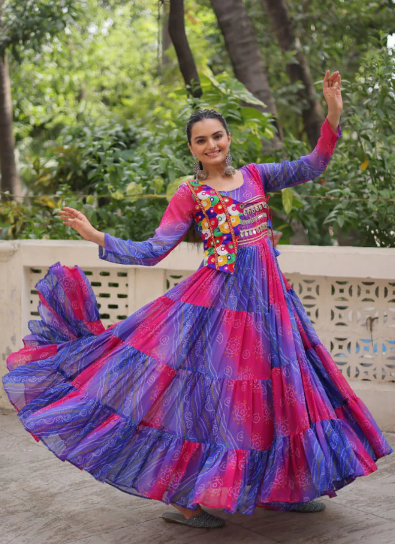 Ruffle Style Flared Blue Georgette Bandhani Printed Navratri Wear Gown - Image 4