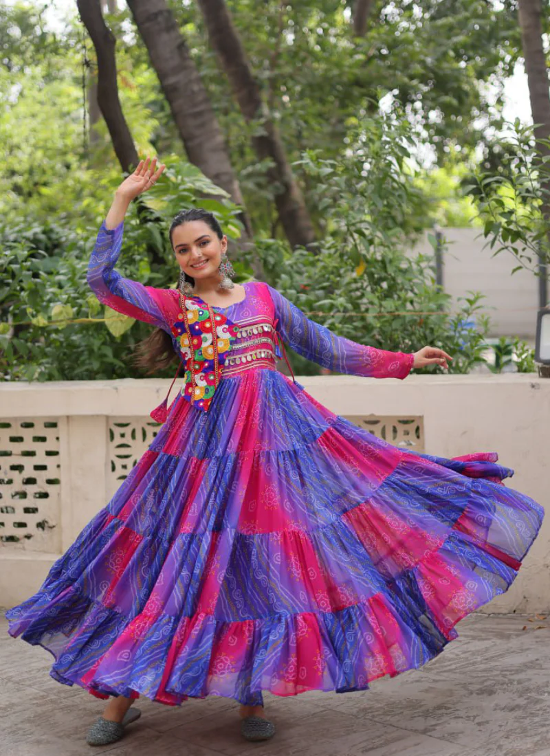 Ruffle Style Flared Blue Georgette Bandhani Printed Navratri Wear Gown - Image 6