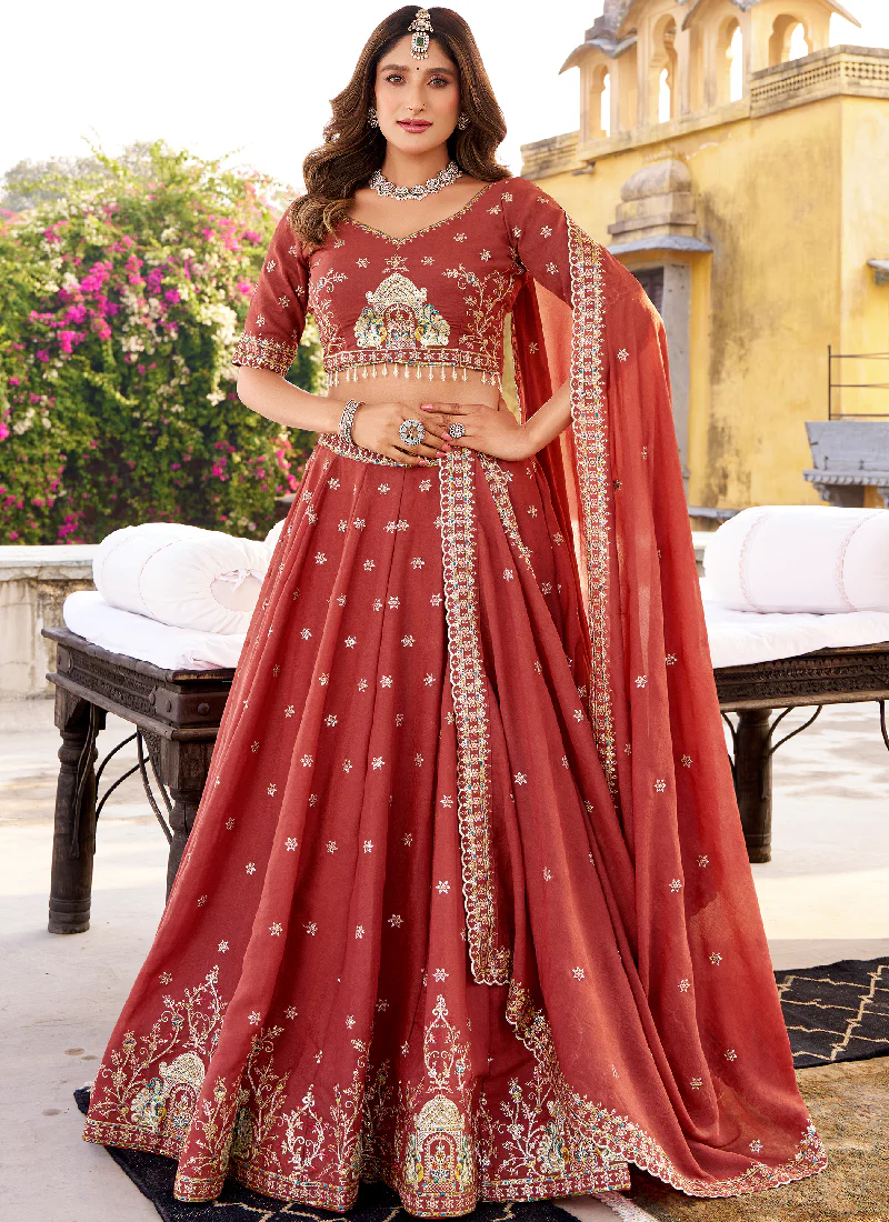 Rust Red Chocolate Crush Embroidered Festive Lehenga Choli For Women - Image 3
