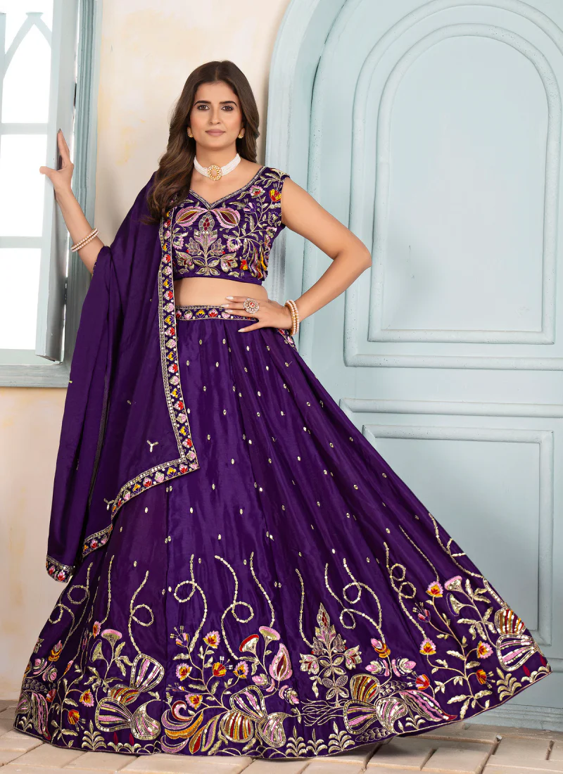Sequence Embroidered Chinon Silk Purple Wedding Wear Lehenga Choli - Image 4
