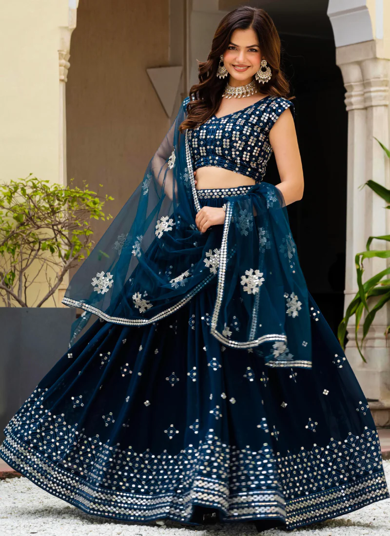 Sequence Embroidered Georgette Teal Blue Wedding Wear Lehenga Choli - Image 4