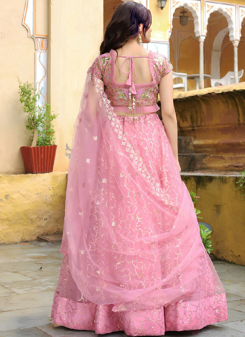 Sequence Embroidered Soft Net Pink Reception Wear Lehenga Choli Set - Image 7