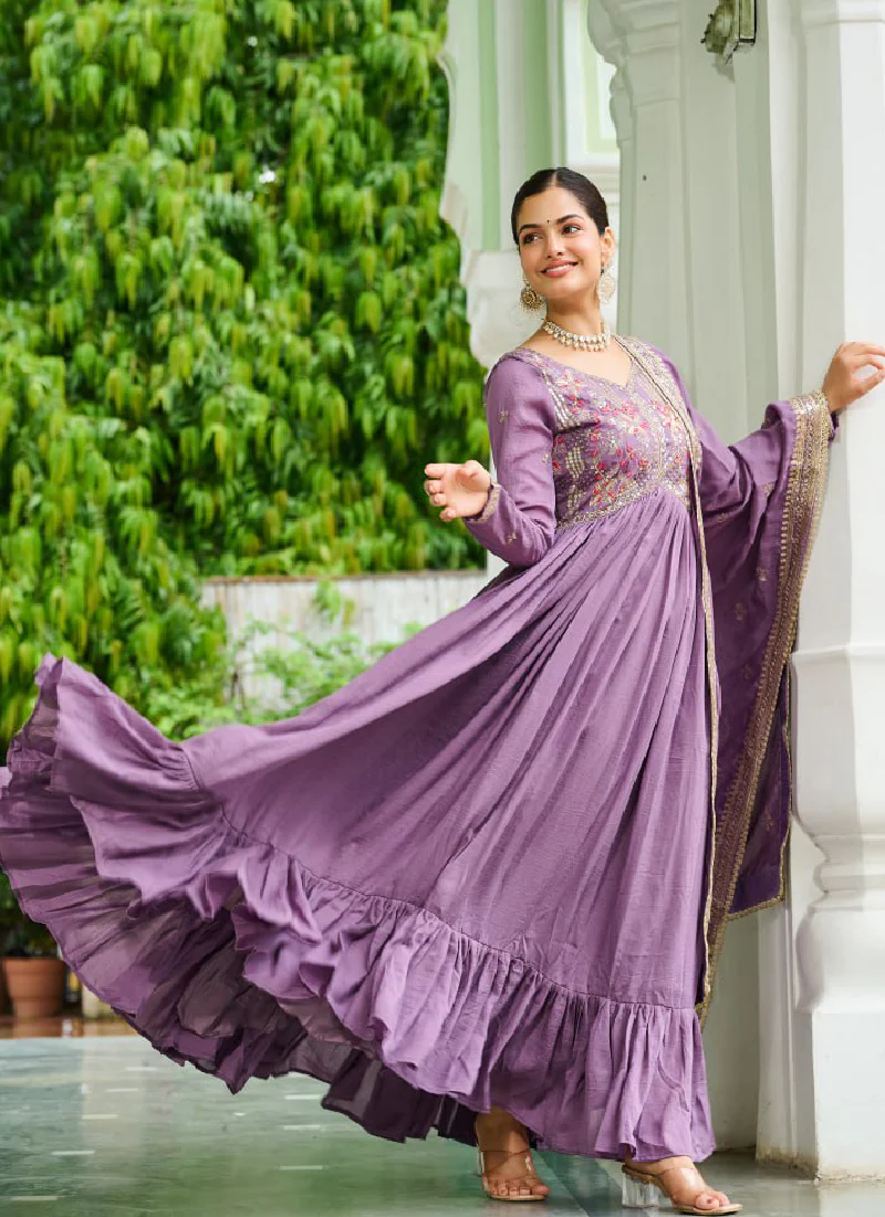 Sequence Embroidered Stylist Lavender Vichitra Silk Long Anarkali - Image 4