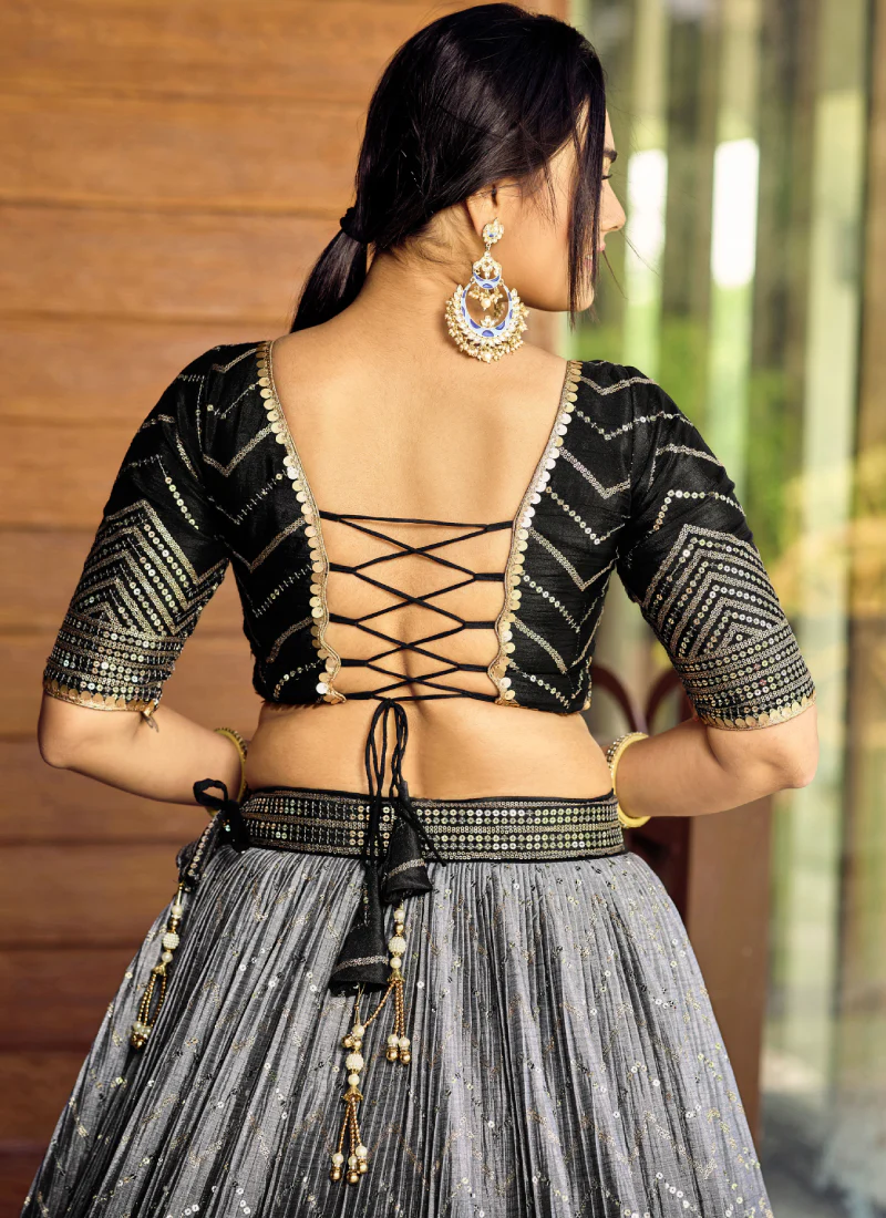 Sequence Embroidery Work Black Shaded Chinon Silk Lehenga Choli - Image 10