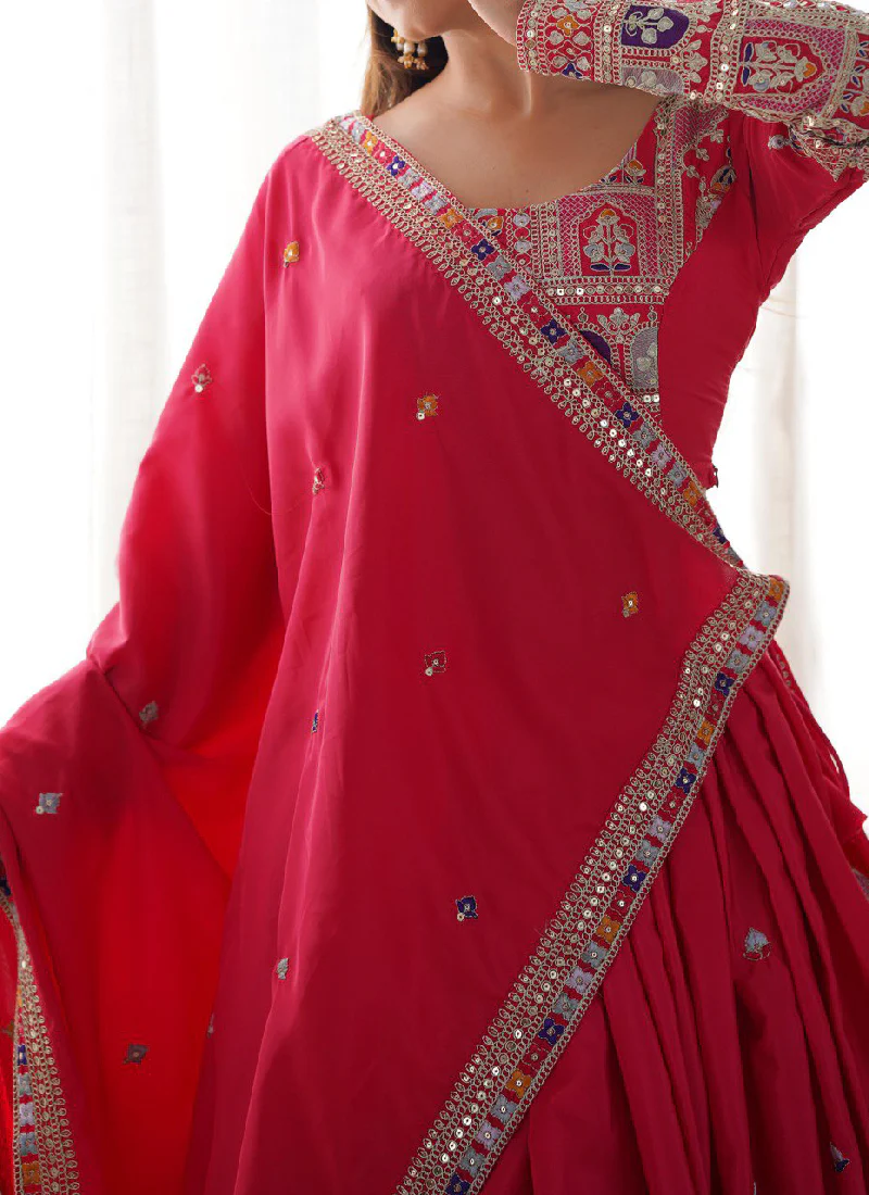Sequence Embroidery Work Crepe Silk Red Lehenga Choli For Wedding - Image 7