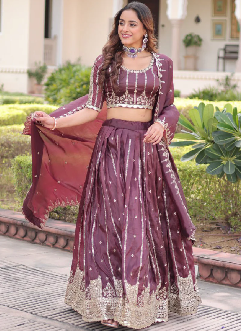 Sequence Embroidery Work Gold Crush Wine Lehenga Choli For Women - Image 10