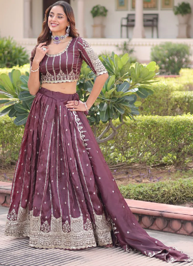 Sequence Embroidery Work Gold Crush Wine Lehenga Choli For Women - Image 11