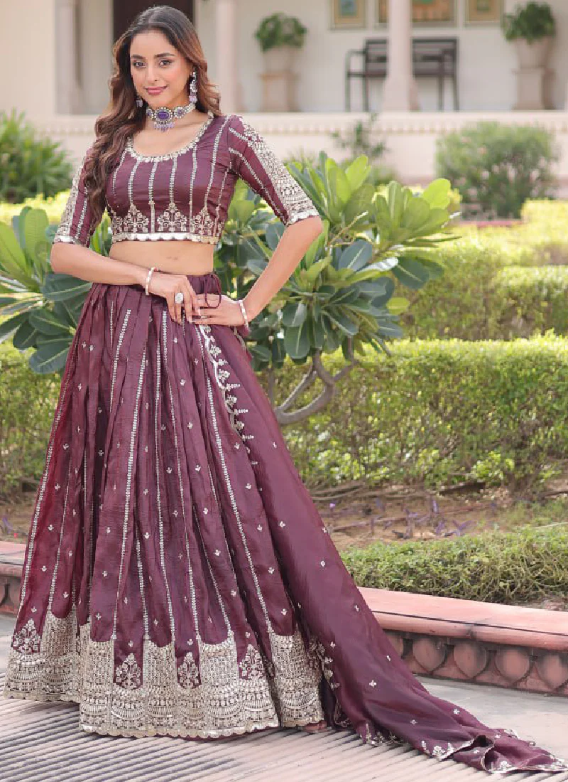 Sequence Embroidery Work Gold Crush Wine Lehenga Choli For Women - Image 12