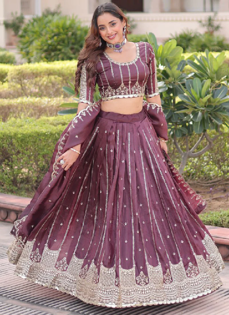 Sequence Embroidery Work Gold Crush Wine Lehenga Choli For Women - Image 8