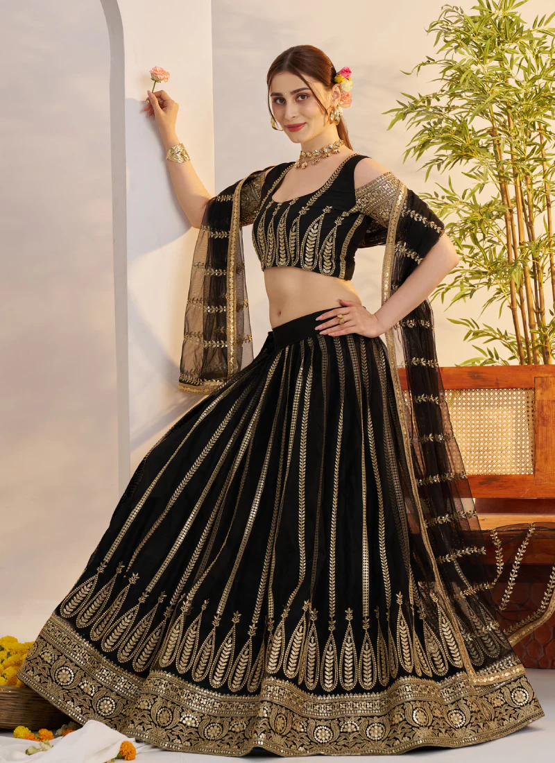 Sequence Heavy Embroidered Reception Wear Net Black Lehenga Choli - Image 6