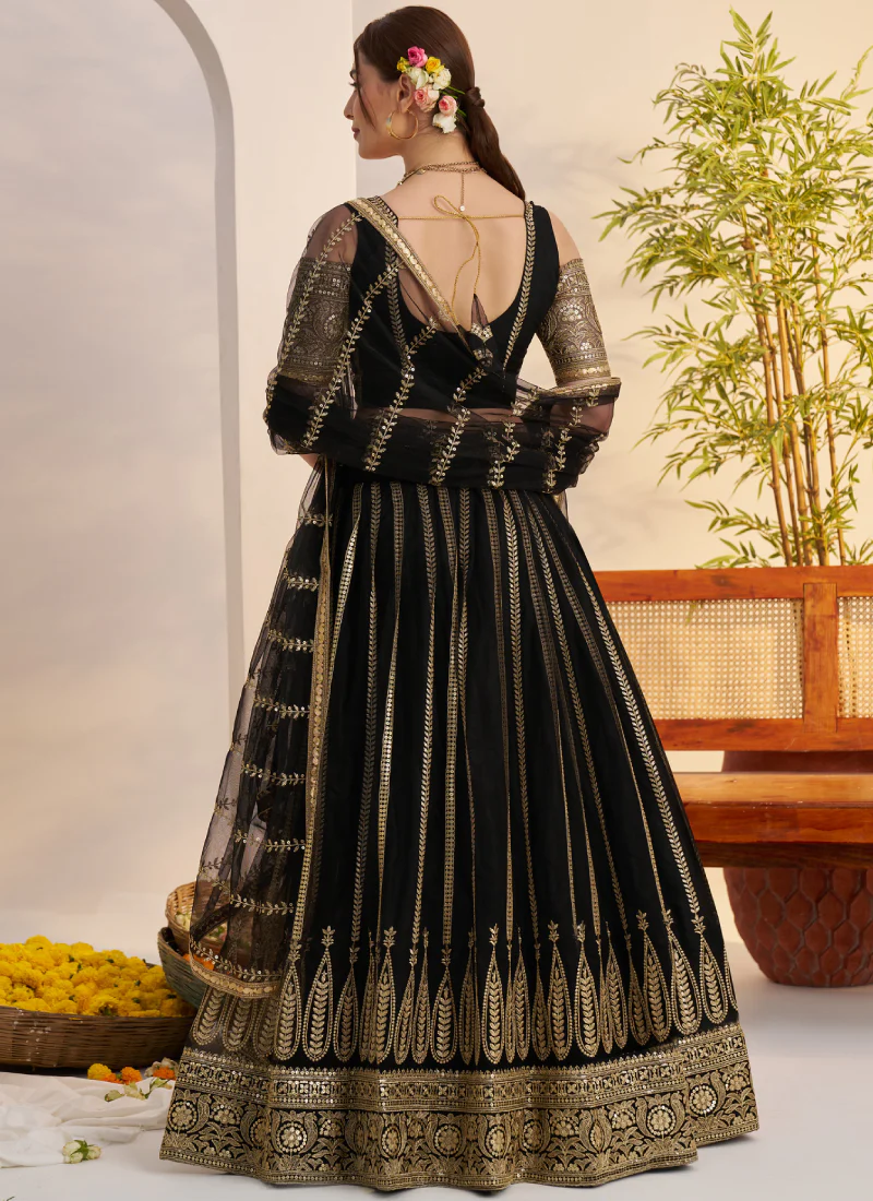 Sequence Heavy Embroidered Reception Wear Net Black Lehenga Choli - Image 7