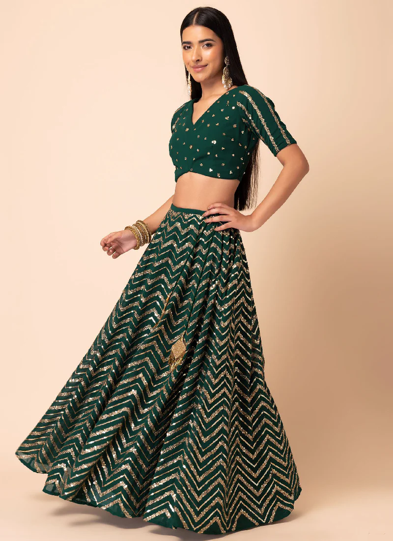 Sequence Work Georgette Green Lehenga Choli For Mehendi Function - Image 3