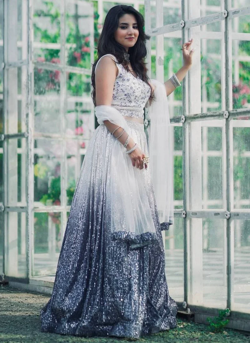 Sequence Work Georgette Navy Blue And White Party Wear Lehenga Choli - Image 4