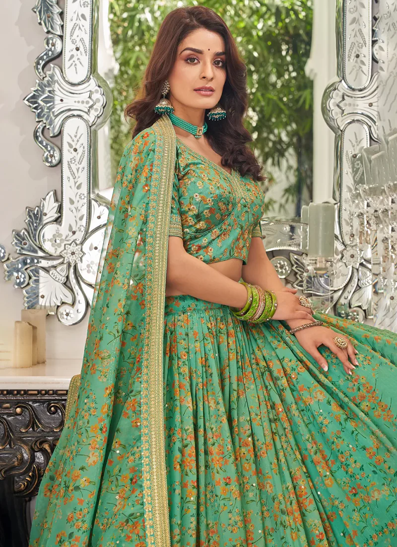Sequence Work Sea Green Organza Lehenga Choli For Sangeet - Image 3