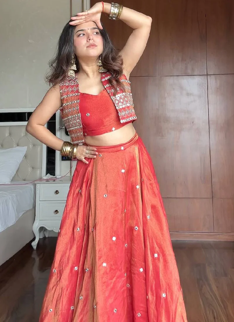 Shimmer Silk Orange Color Thread Embroidered Party Wear Crop Top - Image 3