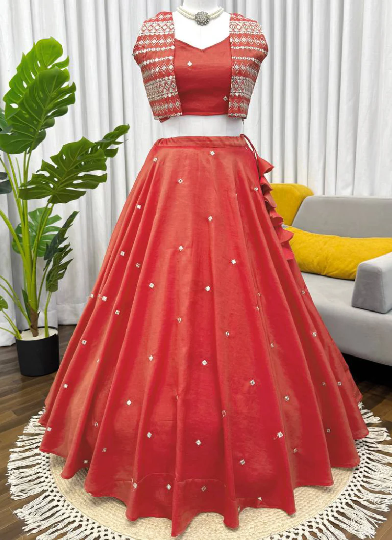 Shimmer Silk Orange Color Thread Embroidered Party Wear Crop Top - Image 7