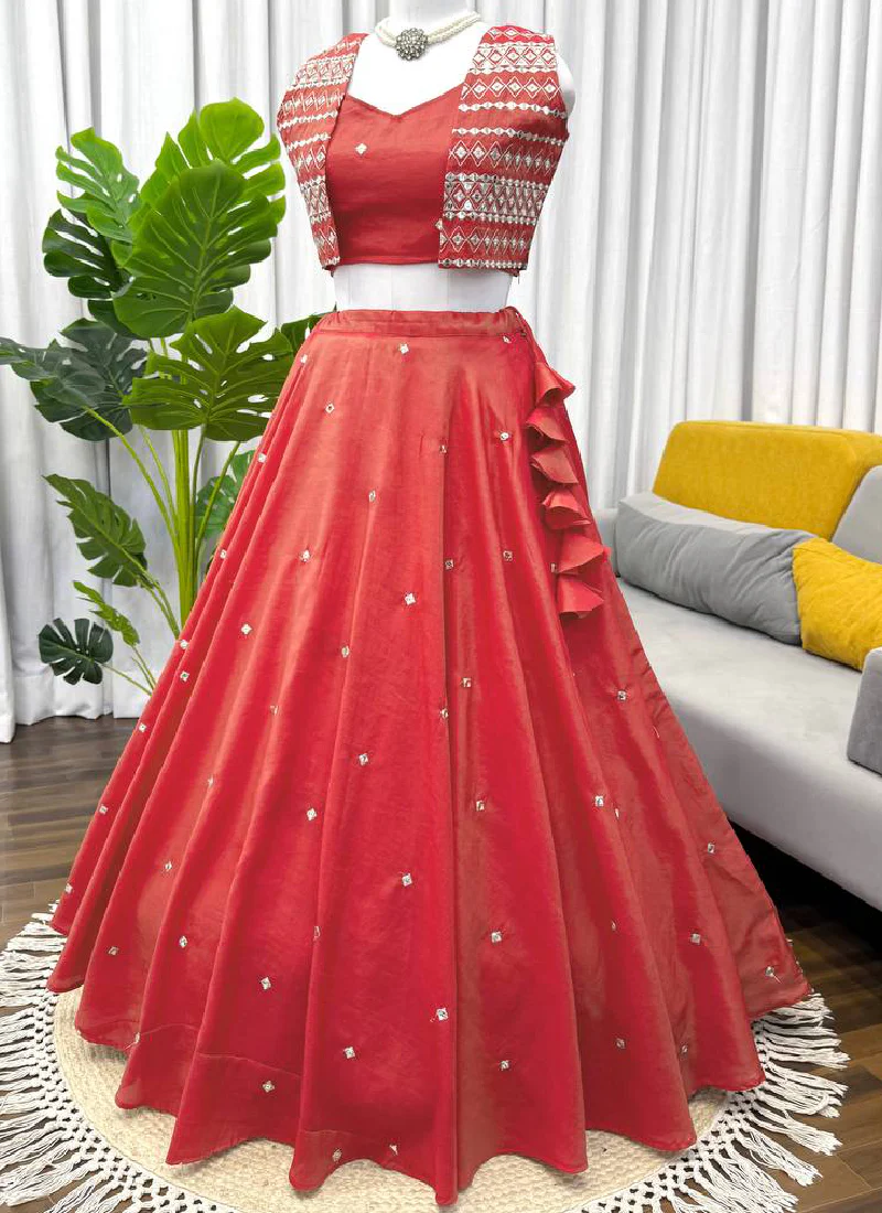 Shimmer Silk Orange Color Thread Embroidered Party Wear Crop Top - Image 8